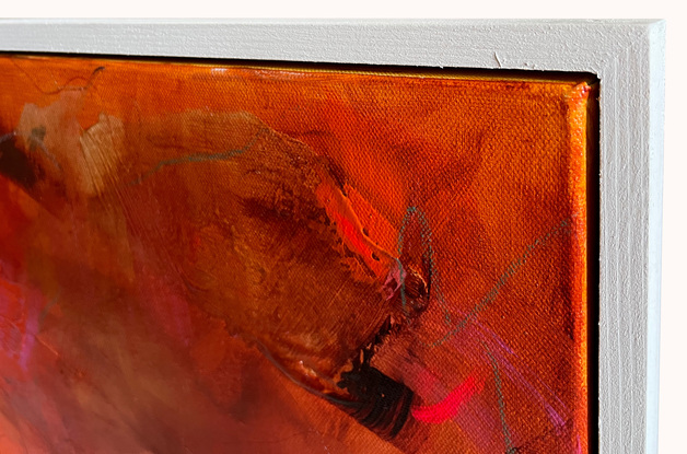 Number 2 in a series of 5. A warm and fiery little number,  layers of warm red and burnt orange interspersed with pops of hot pink. Float framed in white and ready to hang.