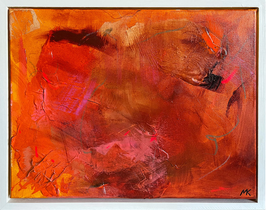 Number 2 in a series of 5. A warm and fiery little number,  layers of warm red and burnt orange interspersed with pops of hot pink. Float framed in white and ready to hang.