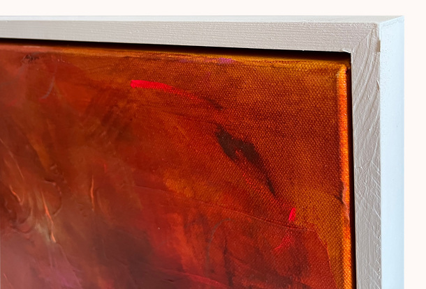 Number 4 in a series of 5. A warm and fiery little number,  layers of warm red and burnt orange interspersed with pops of hot pink. Float framed in white and ready to hang.