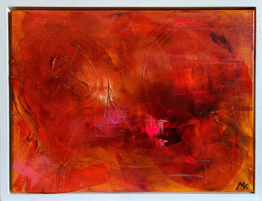 Number 4 in a series of 5. A warm and fiery little number,  layers of warm red and burnt orange interspersed with pops of hot pink. Float framed in white and ready to hang.