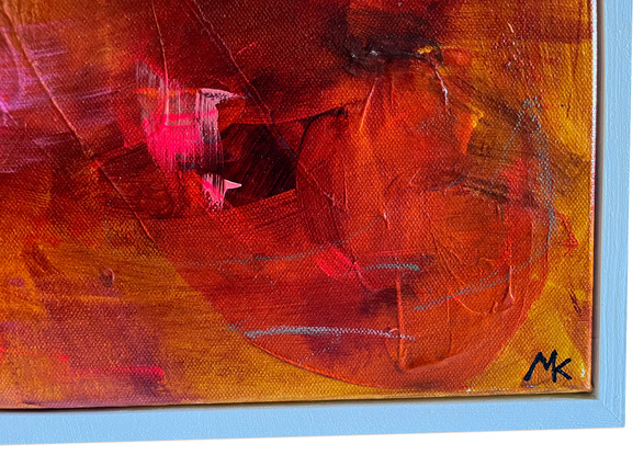 Number 4 in a series of 5. A warm and fiery little number,  layers of warm red and burnt orange interspersed with pops of hot pink. Float framed in white and ready to hang.