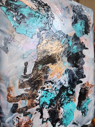 Textured acrylic abstract paint pour blow-out teal gold black white