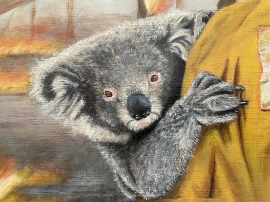 Oil painting of a firefighter, holding a koala with bushfires in the background