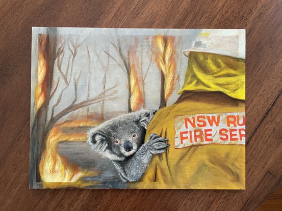 Oil painting of a firefighter, holding a koala with bushfires in the background