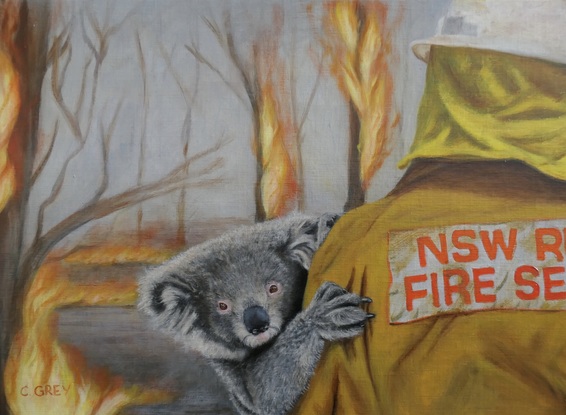 Oil painting of a firefighter, holding a koala with bushfires in the background