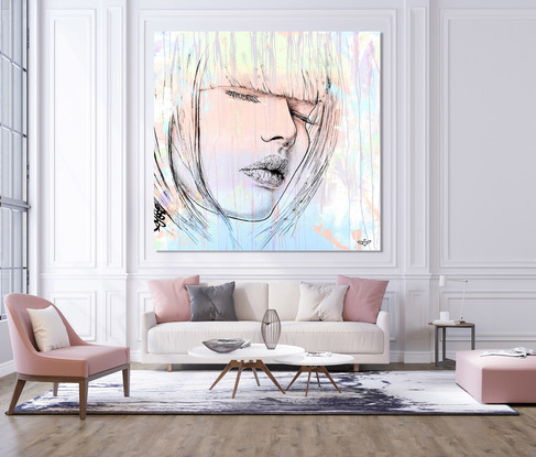 large square painting of a woman with her eyes closed. Evokes a very peaceful feeling.