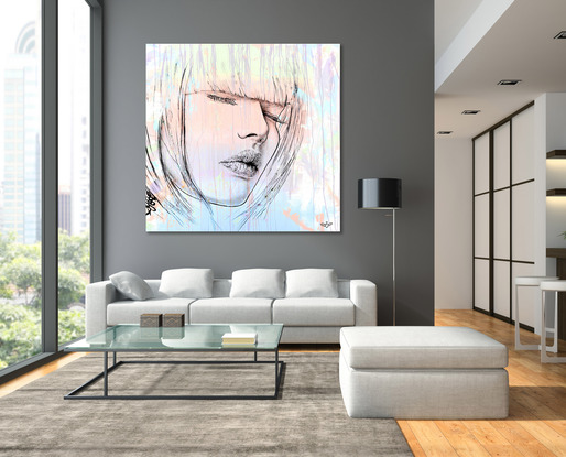 large square painting of a woman with her eyes closed. Evokes a very peaceful feeling.