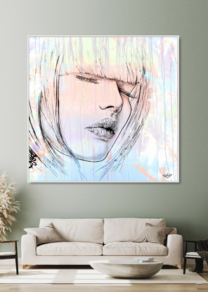 large square painting of a woman with her eyes closed. Evokes a very peaceful feeling.