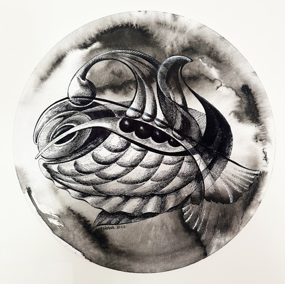 This artwork is a non realistic illustration of a fish. The background has painted by black ink  with watercolour technique. I have applied light and shadows, textures and pattern for painting my fish in the foreground. As this fish looks, strong and powerful, I have named it "gladiator. 