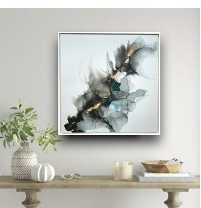 An abstract painting of evening sky at dusk in colours of muted greys, blues, gold flowing across a crisp white background.  Set in a white timber float frame ready to hang