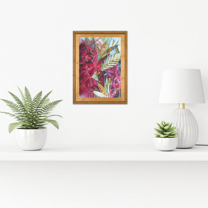 mass of pink flowers with leaves, colourful and contemporary, semi abstracted