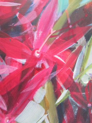 mass of pink flowers with leaves, colourful and contemporary, semi abstracted