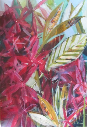 mass of pink flowers with leaves, colourful and contemporary, semi abstracted