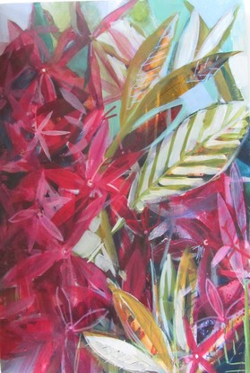 mass of pink flowers with leaves, colourful and contemporary, semi abstracted