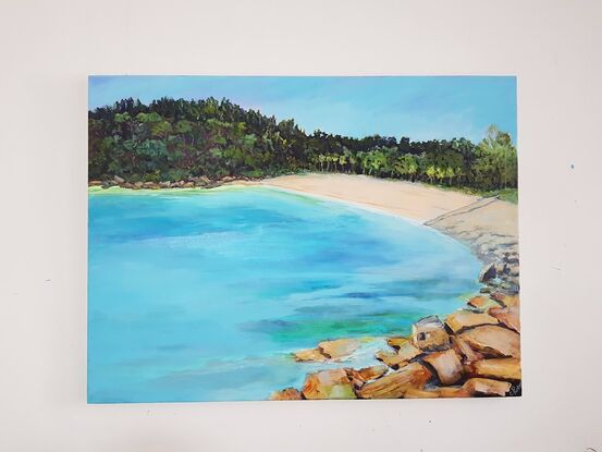 Turquoise water sandy beach rocks and trees