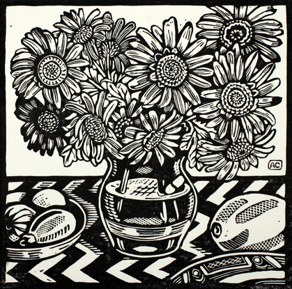 (CreativeWork) Chrysanthemums in a Glass Vase Ed. 3 of 20 by Andrew Crooks. Reproduction Print. Shop online at Bluethumb.