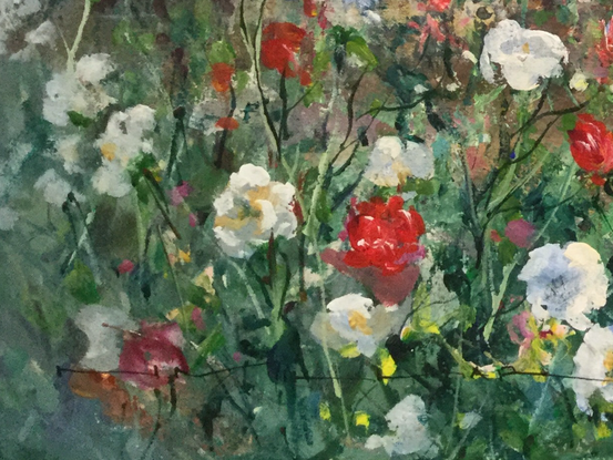 Park pavilion seen through a riot of colour from the flowers . Soft background to enhance the perspective in this work