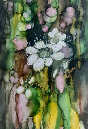 The Lithgow Flower is a delicate white flower hand painted against a pastel toned backdrop in an abstracted style.  