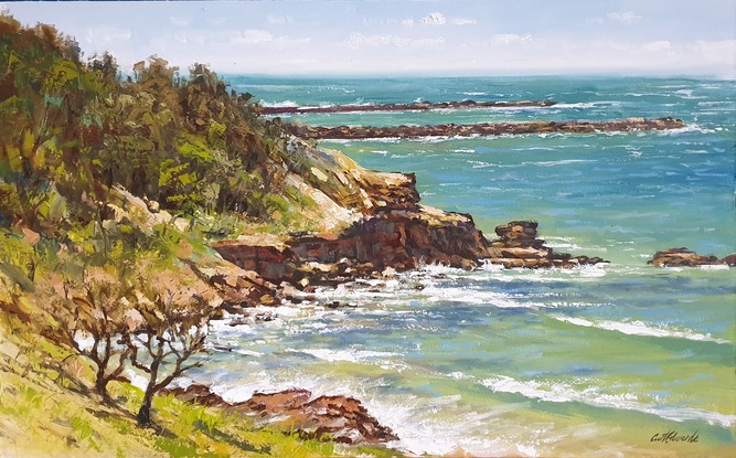 Sketched on site and painted in studio, a beautiful natural headland,  at Yamba northern NSW with the river entrance in the background