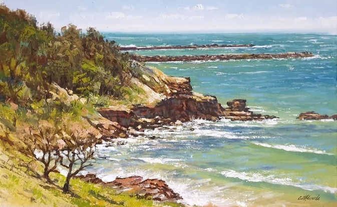 Sketched on site and painted in studio, a beautiful natural headland,  at Yamba northern NSW with the river entrance in the background