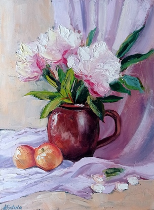 still life  with peonies and apples