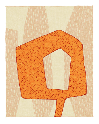 Orange patterned abstracted silhouette portrait against a beige patterned background 