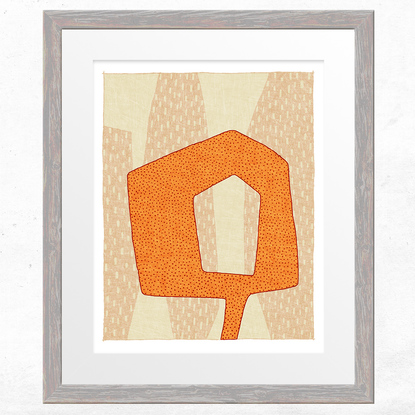 Orange patterned abstracted silhouette portrait against a beige patterned background 