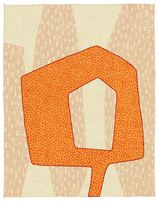 Orange patterned abstracted silhouette portrait against a beige patterned background 