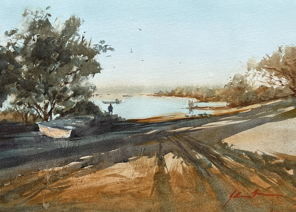 A warm late afternoon by the water in Kalbarri, an old dingy under a tree and tracks leading to the shore of a still lake.