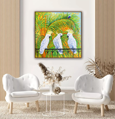 How rumours spread – Cockatoos, rainbow lorikeet and golden cane palms. Jacaranda season in Australia original acrylic painting by Irina Redine.