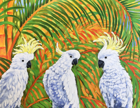 How rumours spread – Cockatoos, rainbow lorikeet and golden cane palms. Jacaranda season in Australia original acrylic painting by Irina Redine.