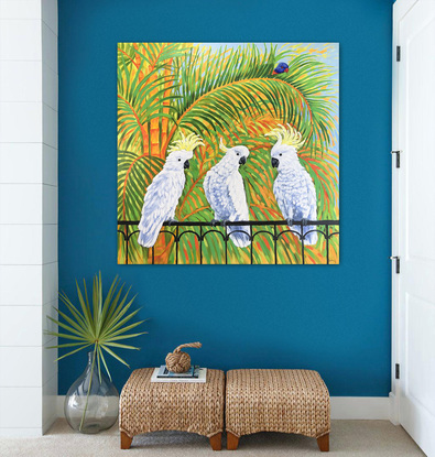 How rumours spread – Cockatoos, rainbow lorikeet and golden cane palms. Jacaranda season in Australia original acrylic painting by Irina Redine.