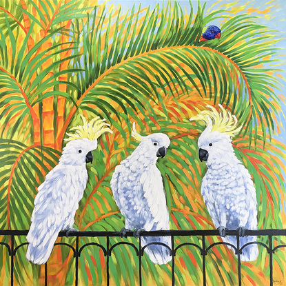 How rumours spread – Cockatoos, rainbow lorikeet and golden cane palms. Jacaranda season in Australia original acrylic painting by Irina Redine.