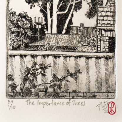 A black and white etching of a tall gum tree viewed over a garden fence with houses and bushes visible. 