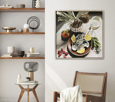 Australian floral still life with fruit and oysters