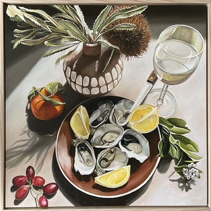 Australian floral still life with fruit and oysters