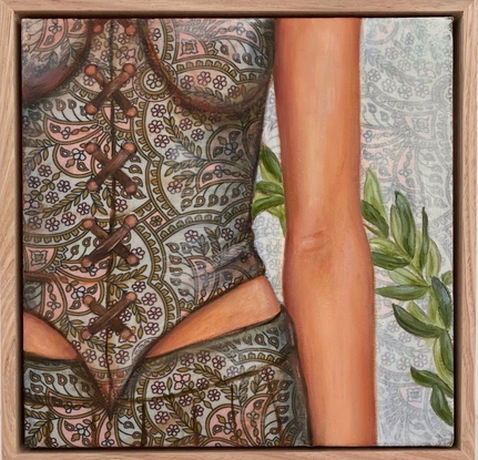 A cropped painting of a woman standing, showing her waist, with an olive branch in the back ground.