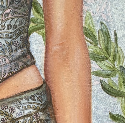 A cropped painting of a woman standing, showing her waist, with an olive branch in the back ground.