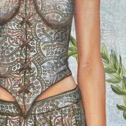 A cropped painting of a woman standing, showing her waist, with an olive branch in the back ground.