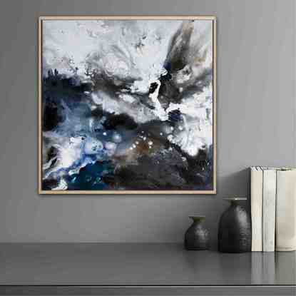 abstract painting, deep blues and white