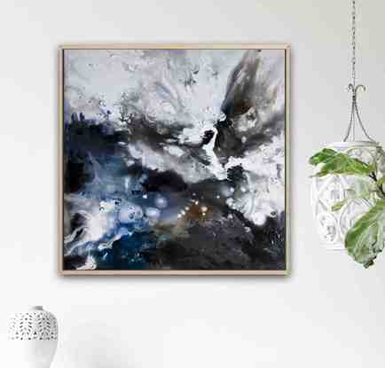 abstract painting, deep blues and white