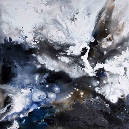 abstract painting, deep blues and white