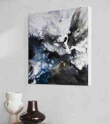 abstract painting, deep blues and white