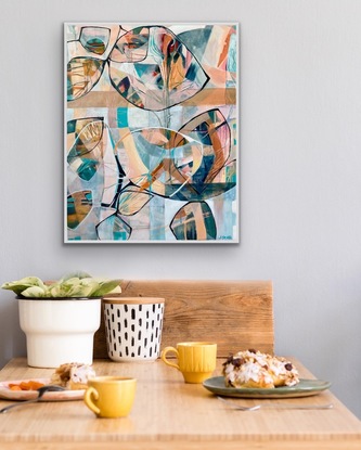 Abstract flowers and organic shapes in pastel hues.