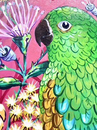 Bright green bird on pink background surrounded by yellow flowers 