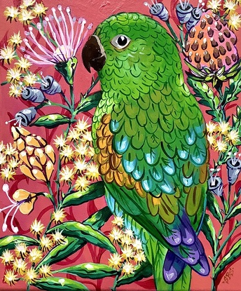 Bright green bird on pink background surrounded by yellow flowers 