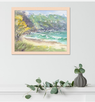 Watercolour painting of northern end of Mollymook Beach and Bannister Headland.