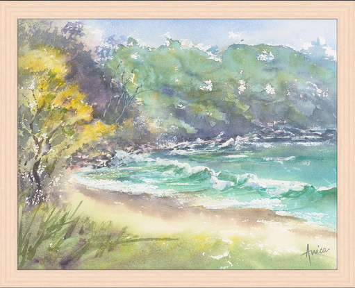 Watercolour painting of northern end of Mollymook Beach and Bannister Headland.