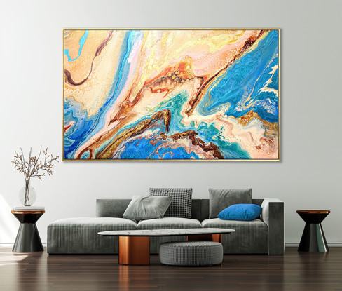 ABSTRACT painting that gives the impression of blue river estuary on a  sandy shore.  The intricate mosaic pattern within the tonal blue hues and the glimmering metallics adds added interest and intrigue.
The closer you get to the painting the more of the interesting details and patterns you can see. Metallics add an extra depth because the painting changes personality when one views from different angles.