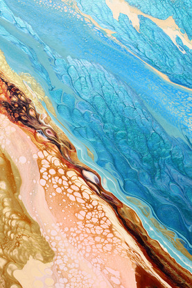 ABSTRACT painting that gives the impression of blue river estuary on a  sandy shore.  The intricate mosaic pattern within the tonal blue hues and the glimmering metallics adds added interest and intrigue.
The closer you get to the painting the more of the interesting details and patterns you can see. Metallics add an extra depth because the painting changes personality when one views from different angles.